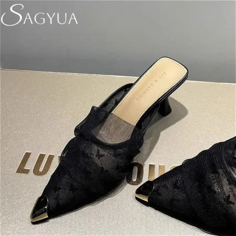 

Mesh Lace Pointed Toe Slippers High Heels Sandals Women Mules Shoes Summer 2025 Trend Flip Flops Sexy Dress Party Pumps Mujer