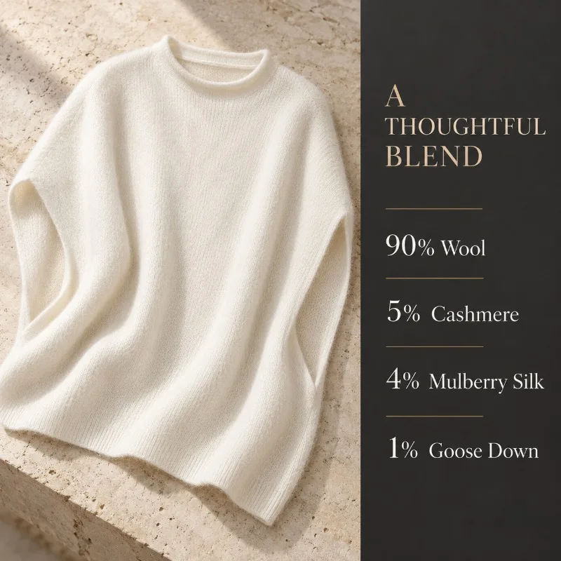 Women's 90% Wool Blend Knit Vest with Cashmere Silk Brushed Sleeveless Sweater Loose Round Neck Layering Top