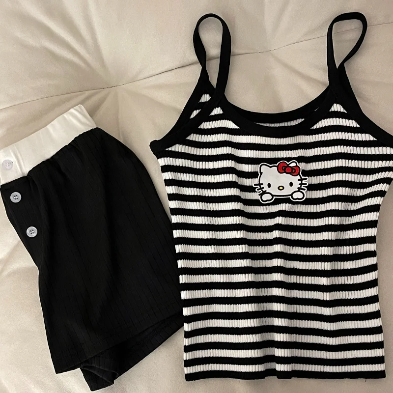 Hello Kitty pajamas summer cotton cartoon suspenders shorts two-piece set casual women's pajamas Sanrio loungewear set