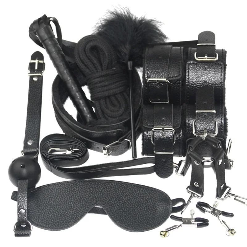 Sexy Leather BDSM Kits Handcuffs Nipple Clamps Whip Spanking Plush Sex Bondage Set Handcuffs Sex Games Sex Toys for Women Men