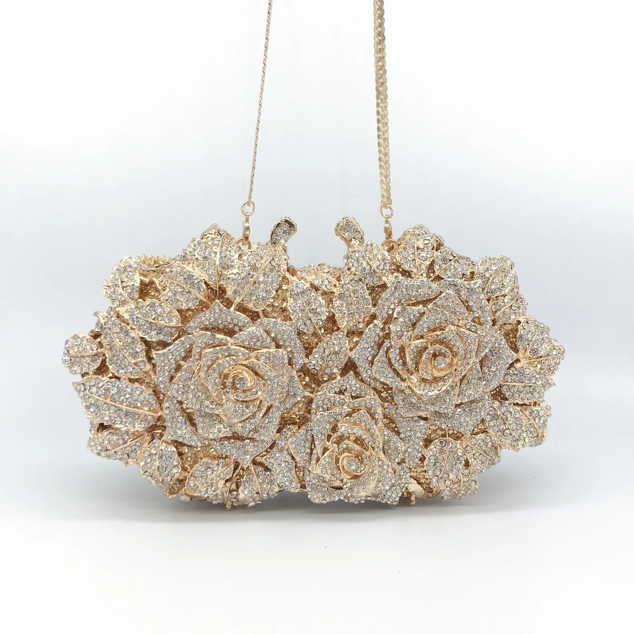 Golden Silver Luxury Crystals Evening Bags Fashion Rose Flower Diamonds Clutch Bags Soiree Purse Women Wedding Bride Handbags