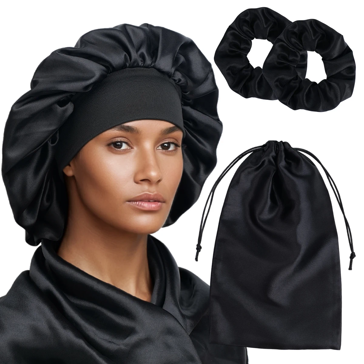 Satin Sleep Set with Premium Hair Scrunchies Drawstring Storage Bag And Hair Protection Bonnet Kit for Gentle Nighttime Hai