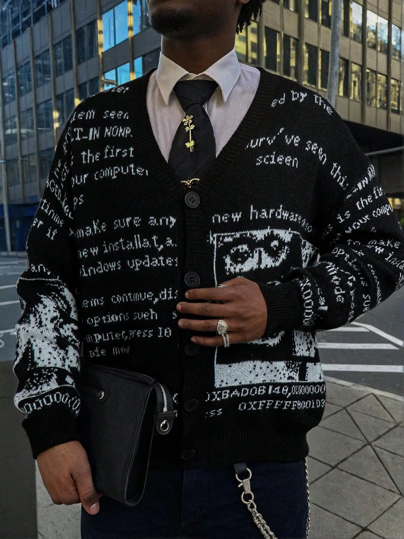 

Black Abstract Text Print Knit Cardigan for Men - Retro Casual Long Sleeve Sweater