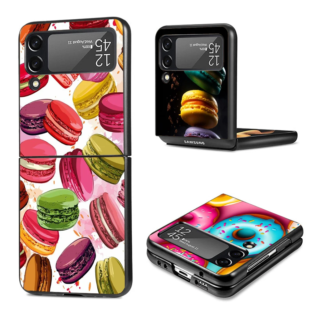 Macaron Ice Cream Cake Doughnut Hard PC Phone Case For Samsung Galaxy Z Flip6 Flip5 Flip4 Black Cover Z Flip 6 5 4 3 5G Shockpro