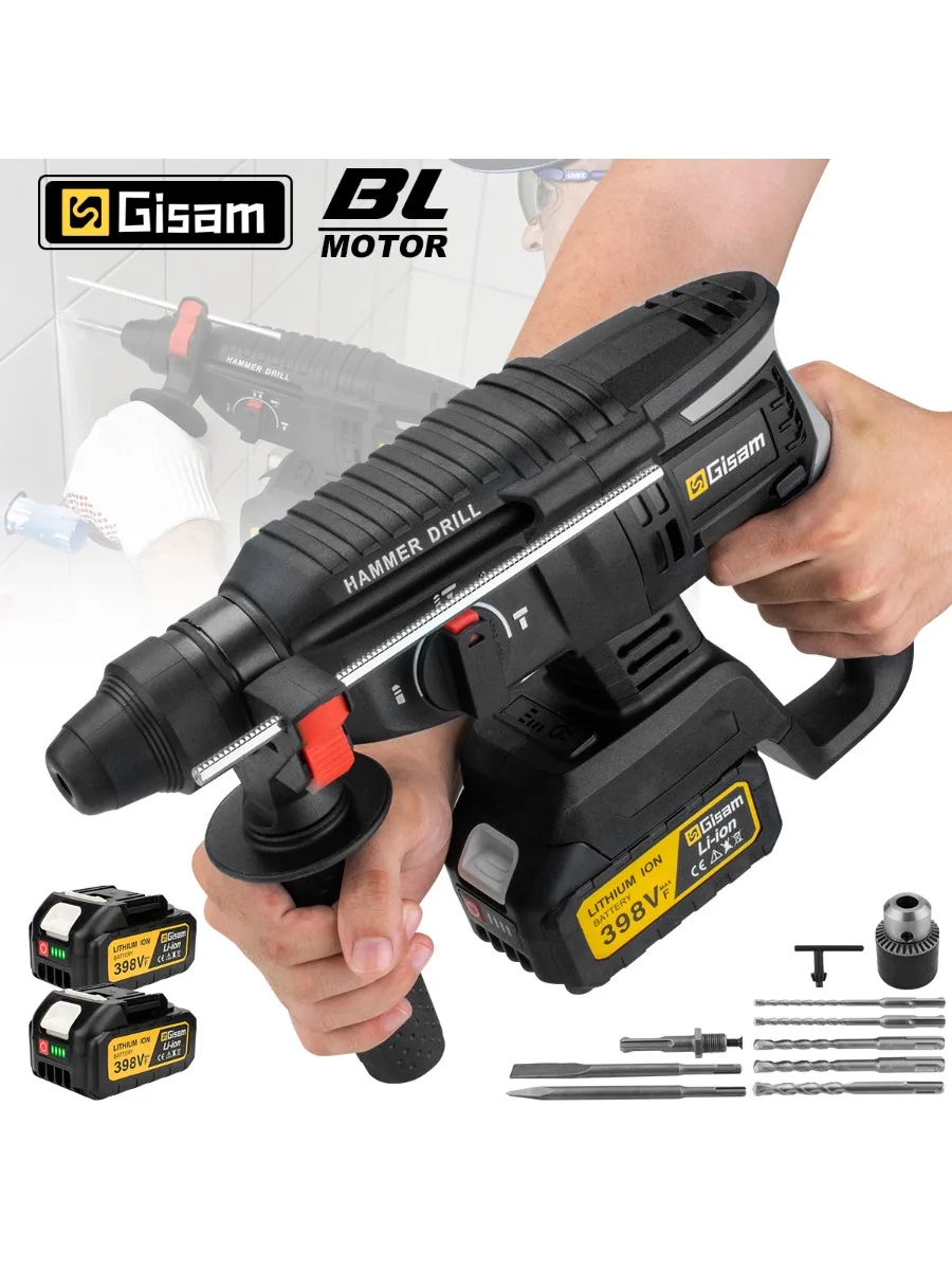 Gisam 26MM Bürstenloser Elektrohammer Kabelloser Elektrischer Schlagbohrhammer Multifunktionaler Wiederaufladbarer Hammer Elektrowerkzeug für Makita 18V Akku