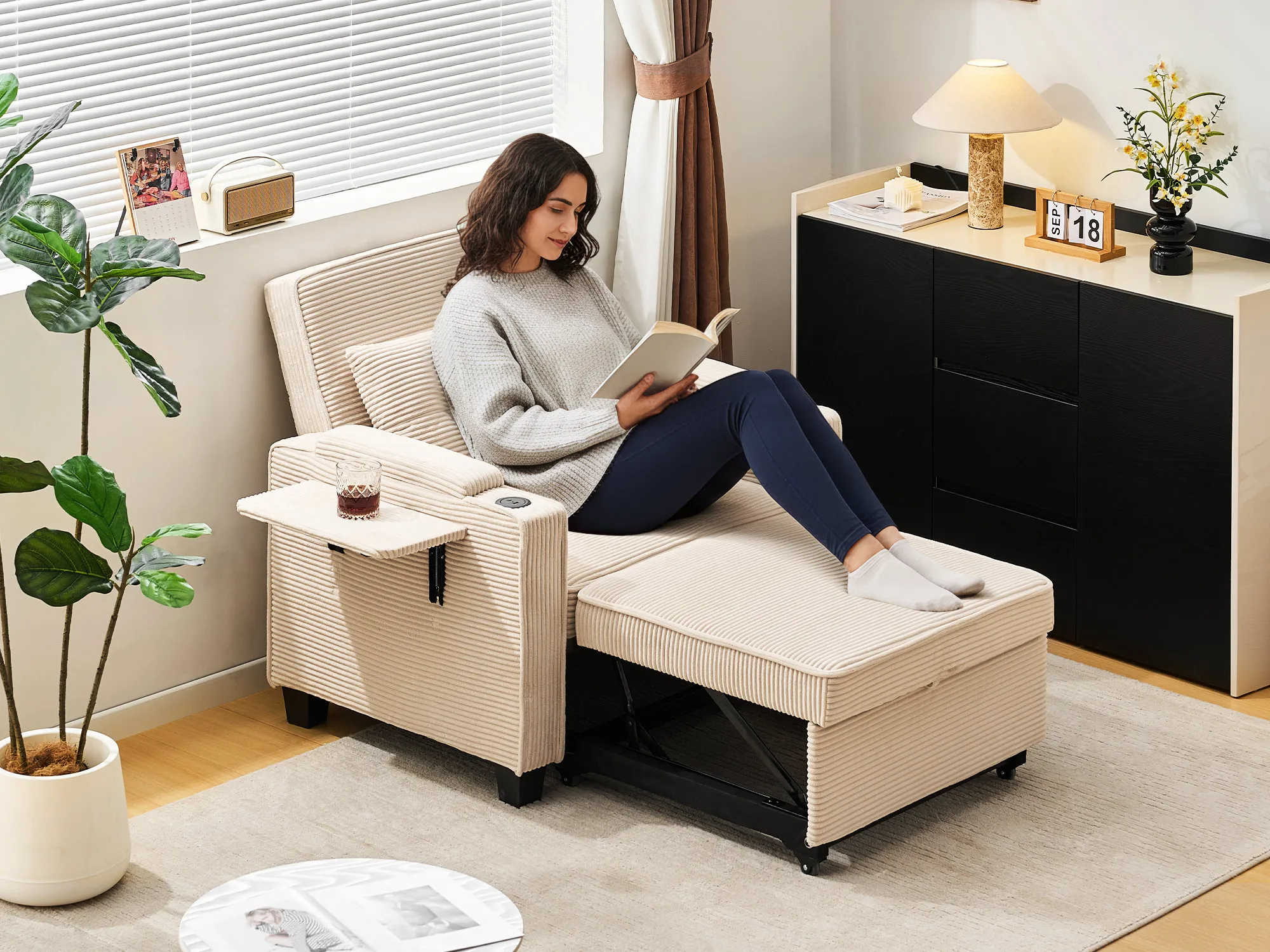 Einzelsofa, 3-in-1-Liegesofa, ausziehbarer Cord-Sessel mit USB-Anschlüssen, 3-fach verstellbare Rückenlehne (105 cm) ° -160 ° Aufbewahrung – Detail 2
