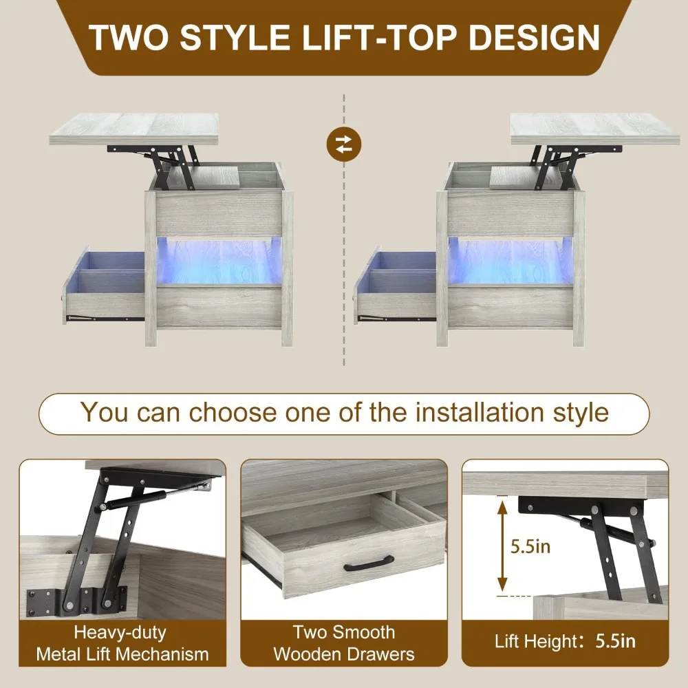 طاولة قهوة LED مقاس 42 بوصة، وطاولة قهوة متعددة الوظائف 4 في 1 مع أدراج ومقصورات مخفية، قابلة للتحويل لتناول الطعام #5