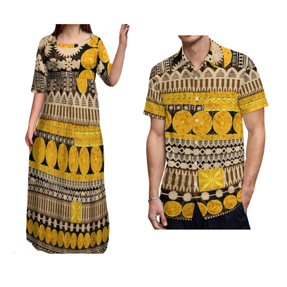 

Polynesian couple clothing Pacific island retro art pattern print ethnic style women's fluffy Dress men's shirt