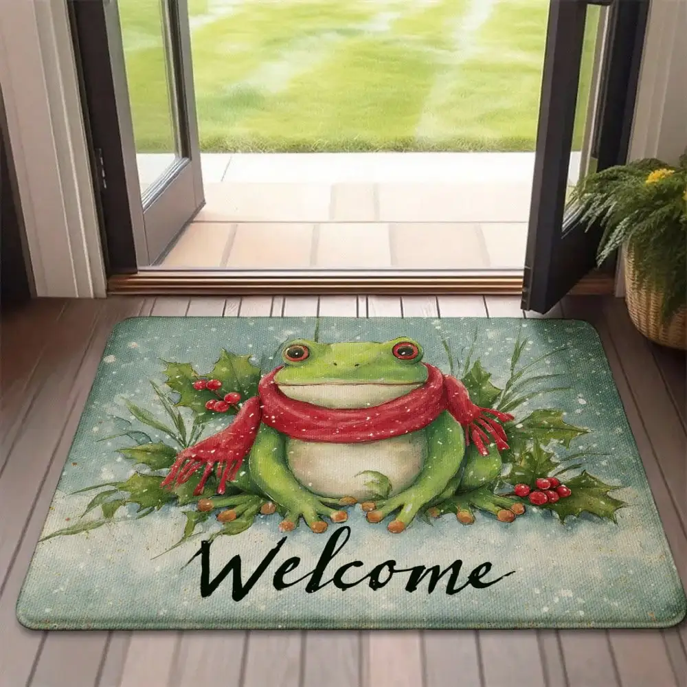 1pc Winter Frog Holly Welcome Welcome Door Mat, Non-Slip Absorbent Washable Flannel Entryway Rug, Soft Front Door Mat For Hallway And Home Decor