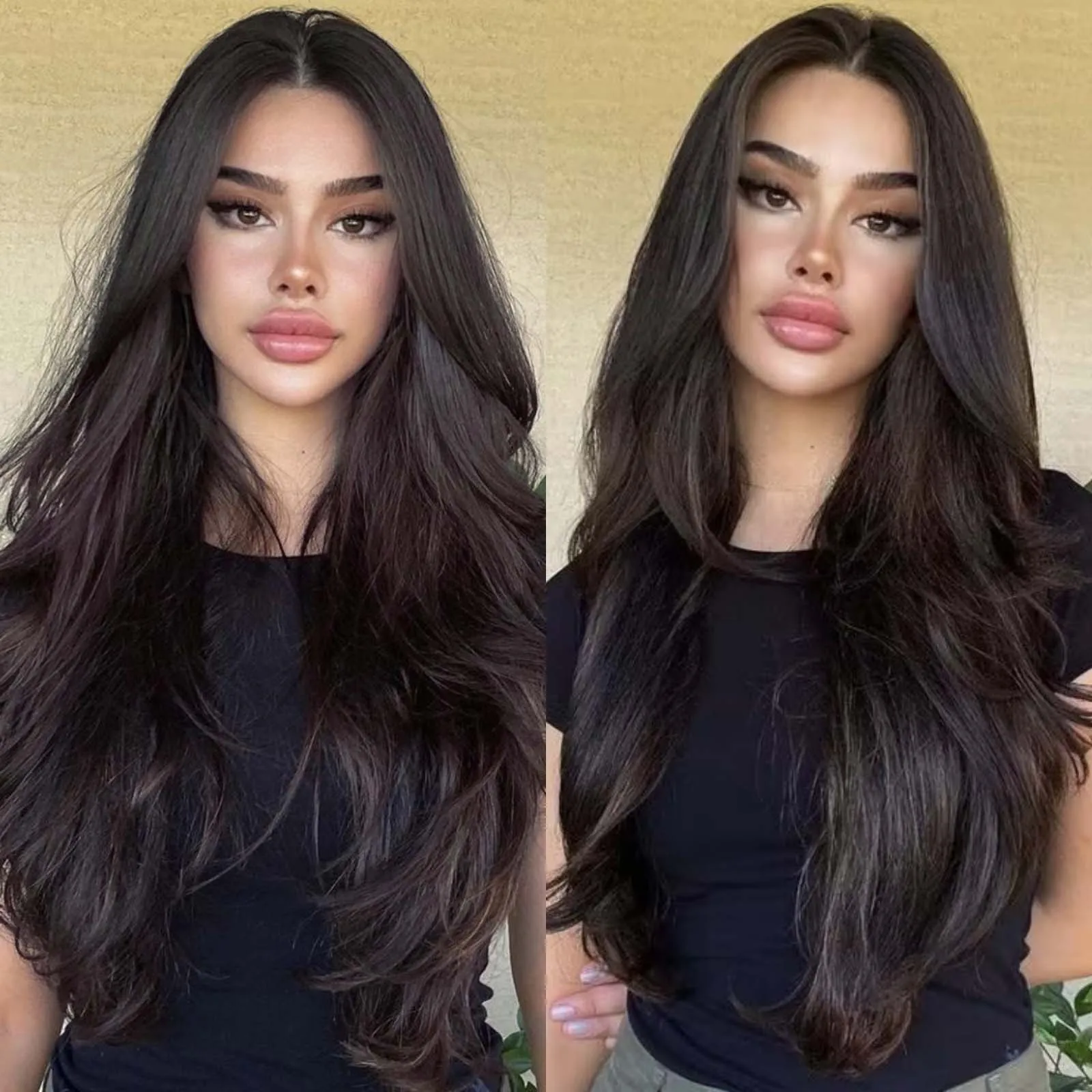 Long Dark Brown Wigs for Women Synthetic Hair Middle Part Natural Curly Wavy Brunette Colored 13X4 Lace Front Wigs Daily Party