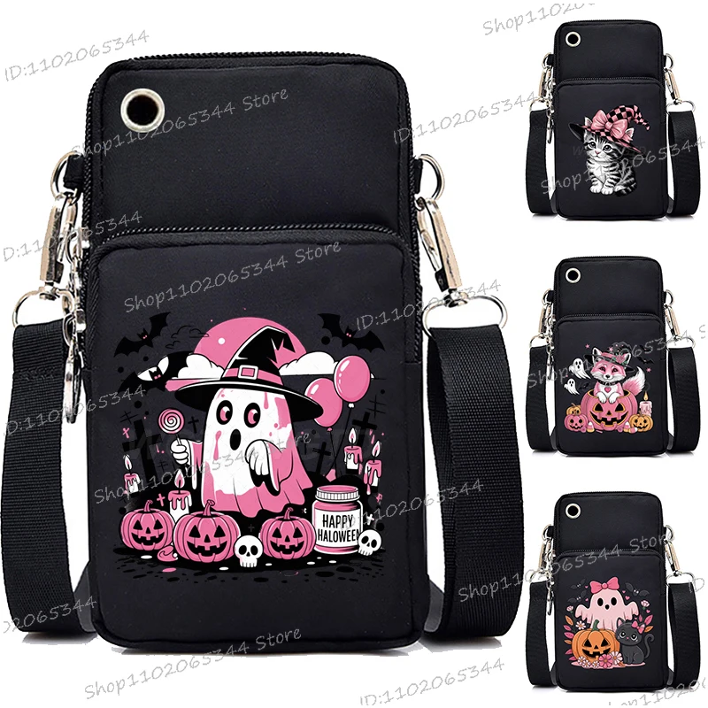 

New Women Mini Mobile Phone Bag Black Pink Trend Halloween Cat Ghost Skull Coin Purse Strap Shoulder Bag Small Crossbody Bags