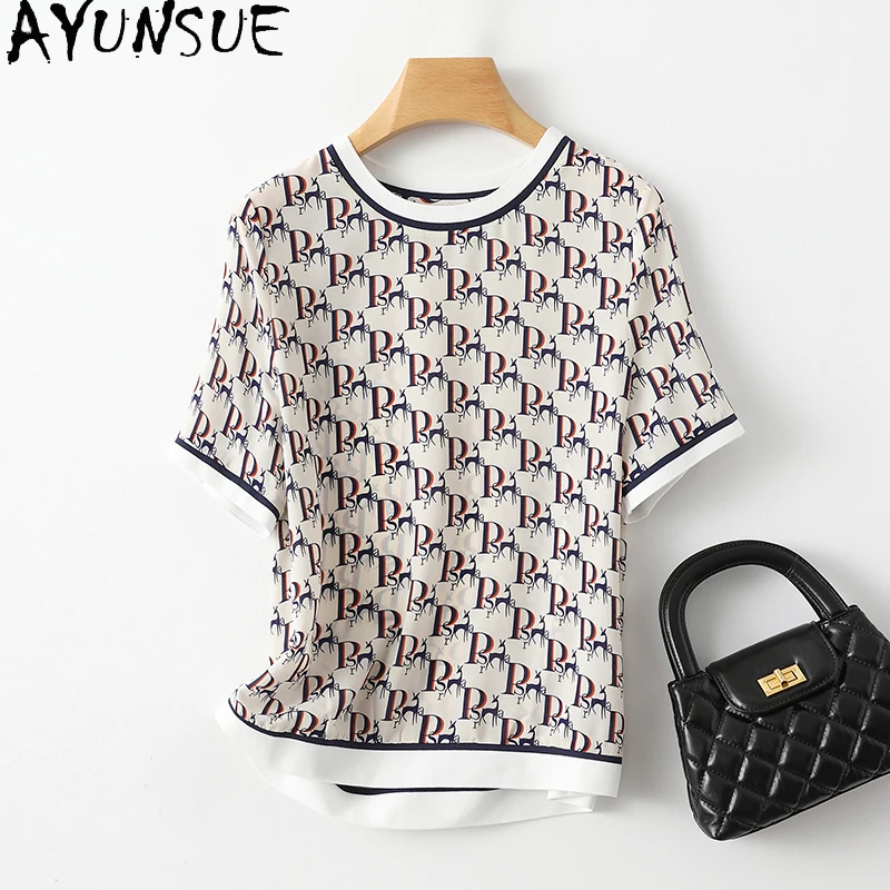 

AYUNSUE 92% Natural Mulberry Silk T Shirts for Woman 2024 New Women Clothing Summer Short Sleeved T Shirt Femme Fashion Top