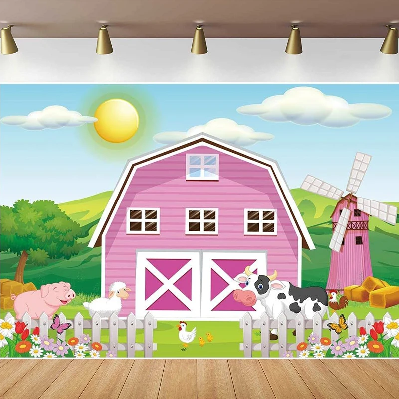 

Cartoon Farm Animals Party Photography Backdrop Pink Barn Girl Baby Shower Birthday Background Cow Grass Rustic Barnyard Banner