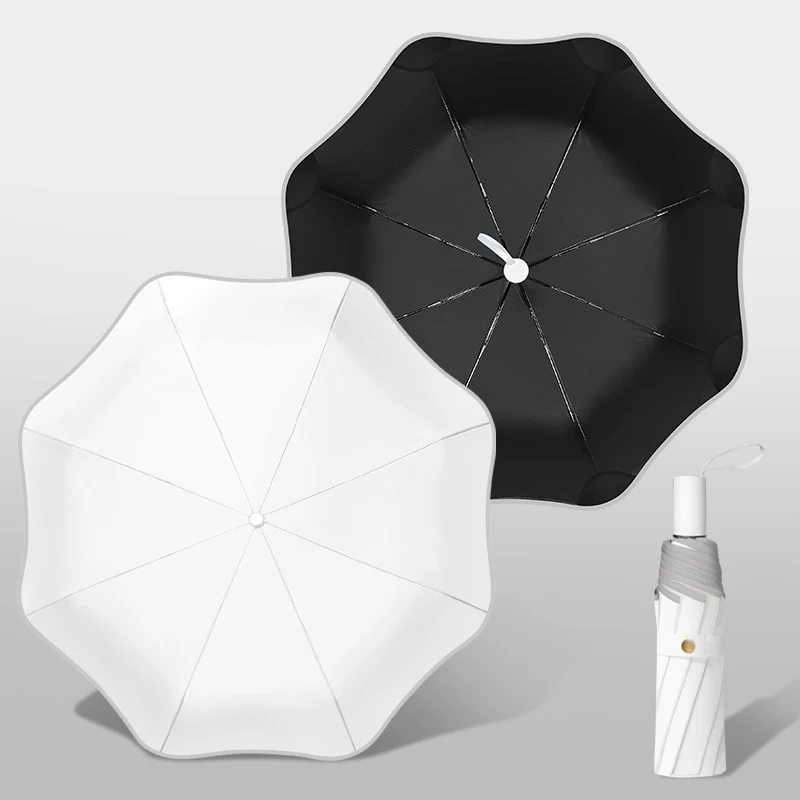 Guarda-chuva redondo seguro de três dobras criativo com uso duplo para chuva e chuva, protetor solar de cola preta, proteção UV, guarda-sol Umb