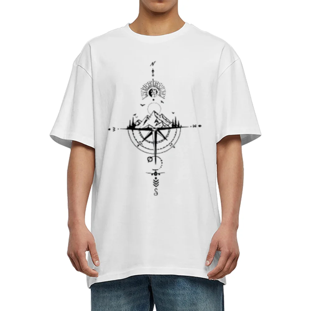 

2025 Summer Men's 100% Cotton 2D Printed Cotton T-shirt Retro Compass Printed Comfortable Round Neck Short Sleeve T-shirt