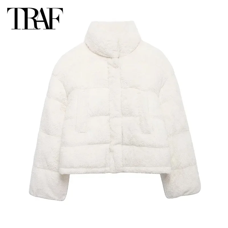 TRAF 2024 Women\'s Warm Winter Jacket White Cropped Parkas Autumn Demi-Season Long Sleeve Plush Short Coats New In Outerwears