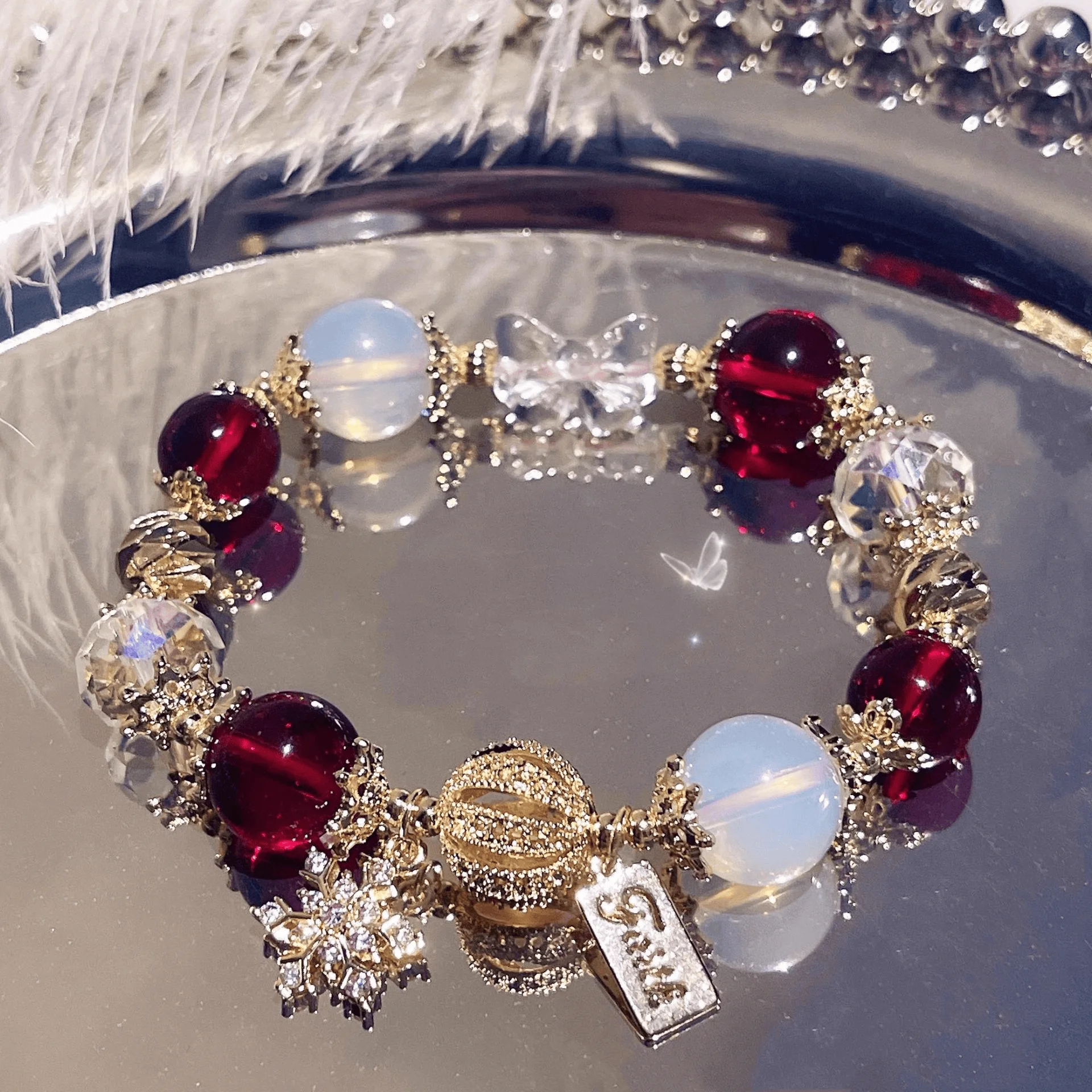 Christmas Winter Snowflake Natural Burgundy Garnet Red White Crystal Opal Opal Bracelet Design String Gift