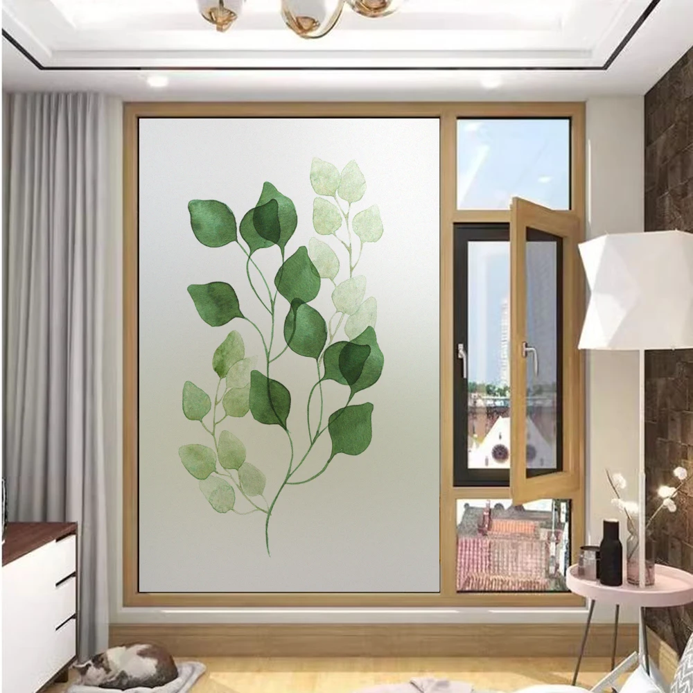 

Green Plant Pattern Decorative Privacy Window Film UV Blocking Heat Control Window Coverings Static Cling Glass Sticker for Home