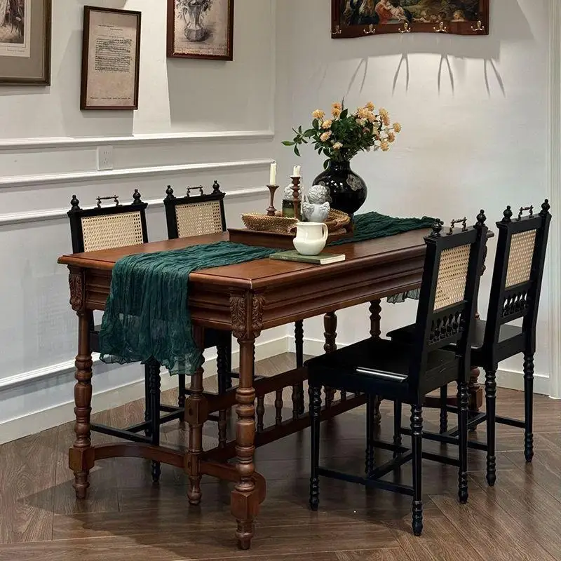 French retro solid wood dining table household small apartment carved knight