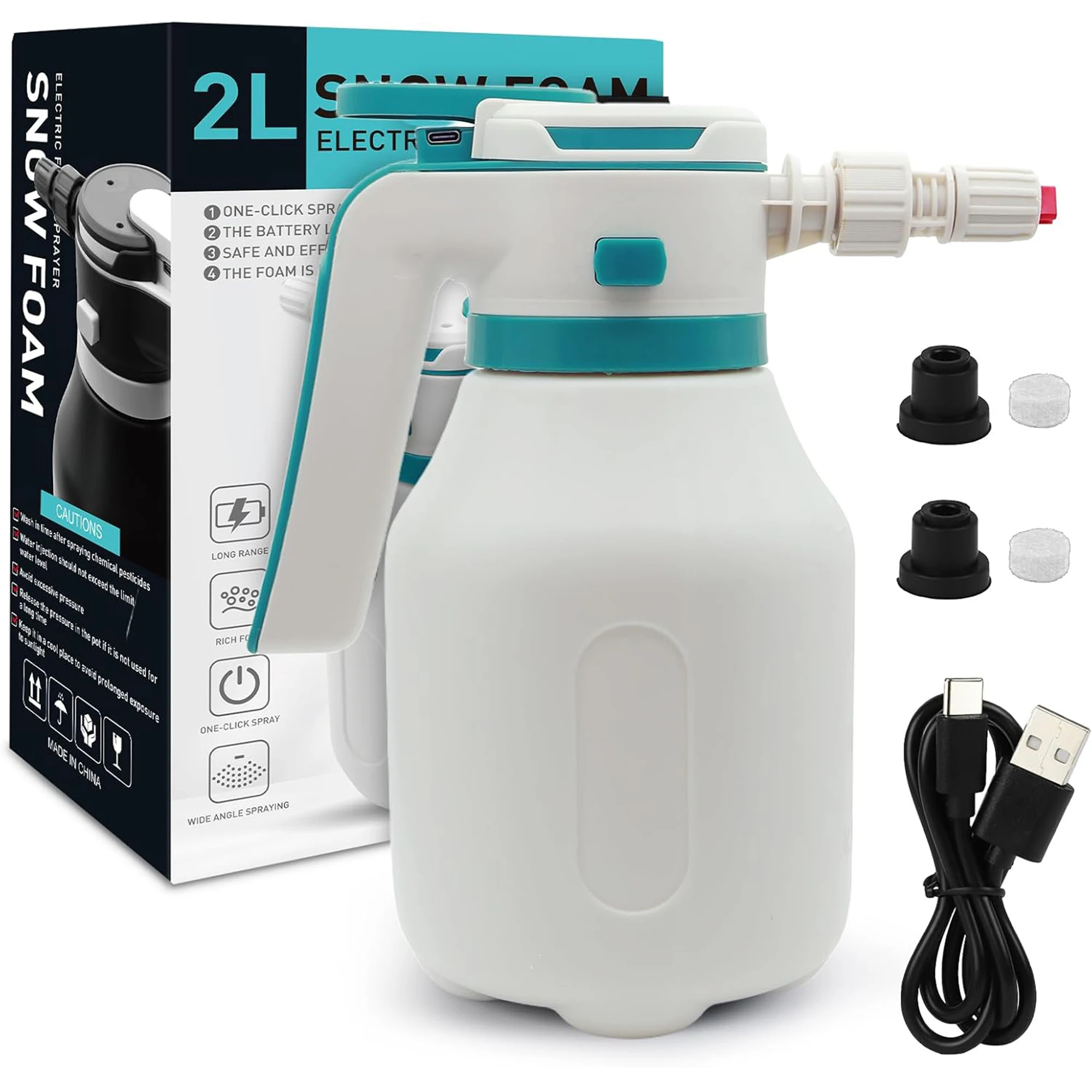Pulverizador de Espuma Elétrico Recarregável de 2L com 2 Modos, Pulverizador de Espuma Pressurizado Elétrico de 75Psi para Limpeza de Carros, Casas e Jardins