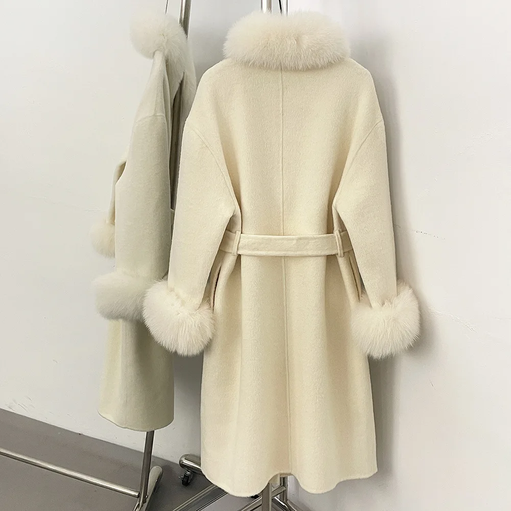 معطف صوفي متوسط الطول للنساء من الصوف لعام 100% قابل للفصل وياقة من فرو الثعلب الحقيقي للسيدات برباط على الوجهين ملابس خارجية من الصوف #6