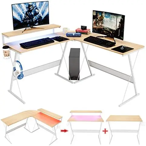 

55.2\u201D Gaming L-Shape Computer Desk w/RGB Led Strip Light Modern Corner PC Desk Home Office Study Workstation, White