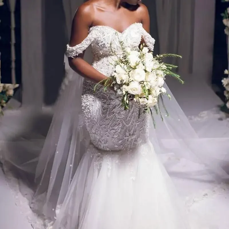 Customized African Mermaid Wedding Dresses Plus Size Off The Shoulder Lace Appliques Bridal Gowns For Black Girls Tulle Vestidos