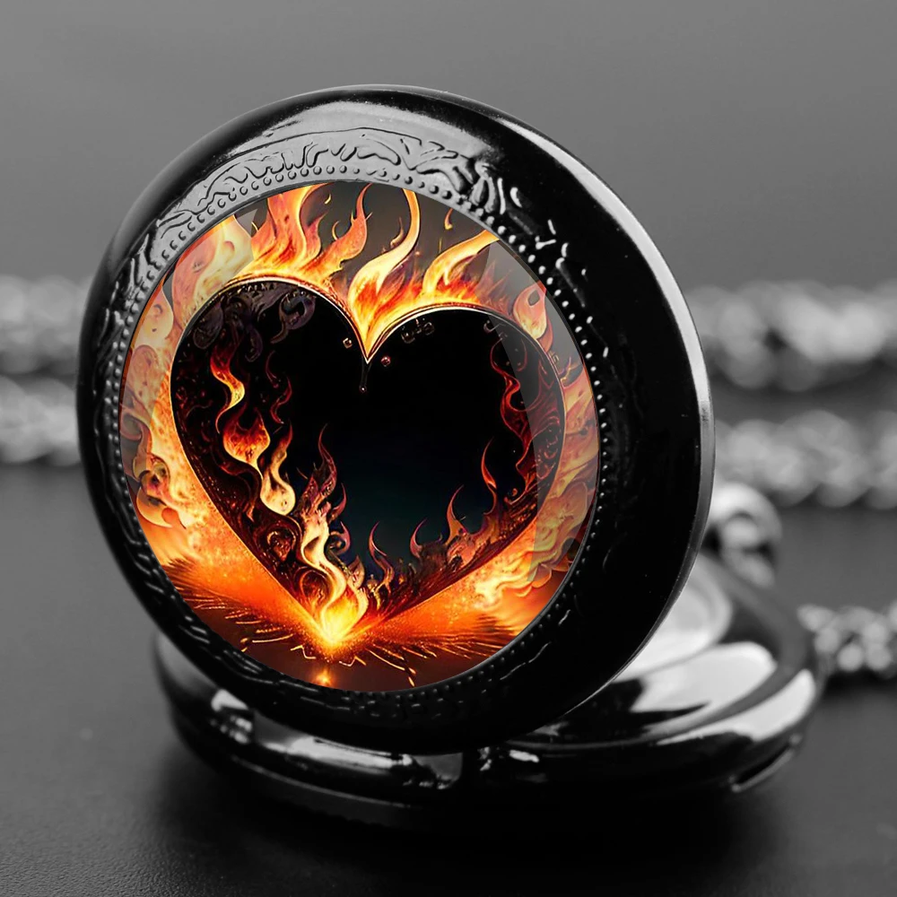 Love Flame Design Glass Dome Quartz Pocket Watch With Durable Chain Arabic Numeral Dial For Men And Women Creative Gifts