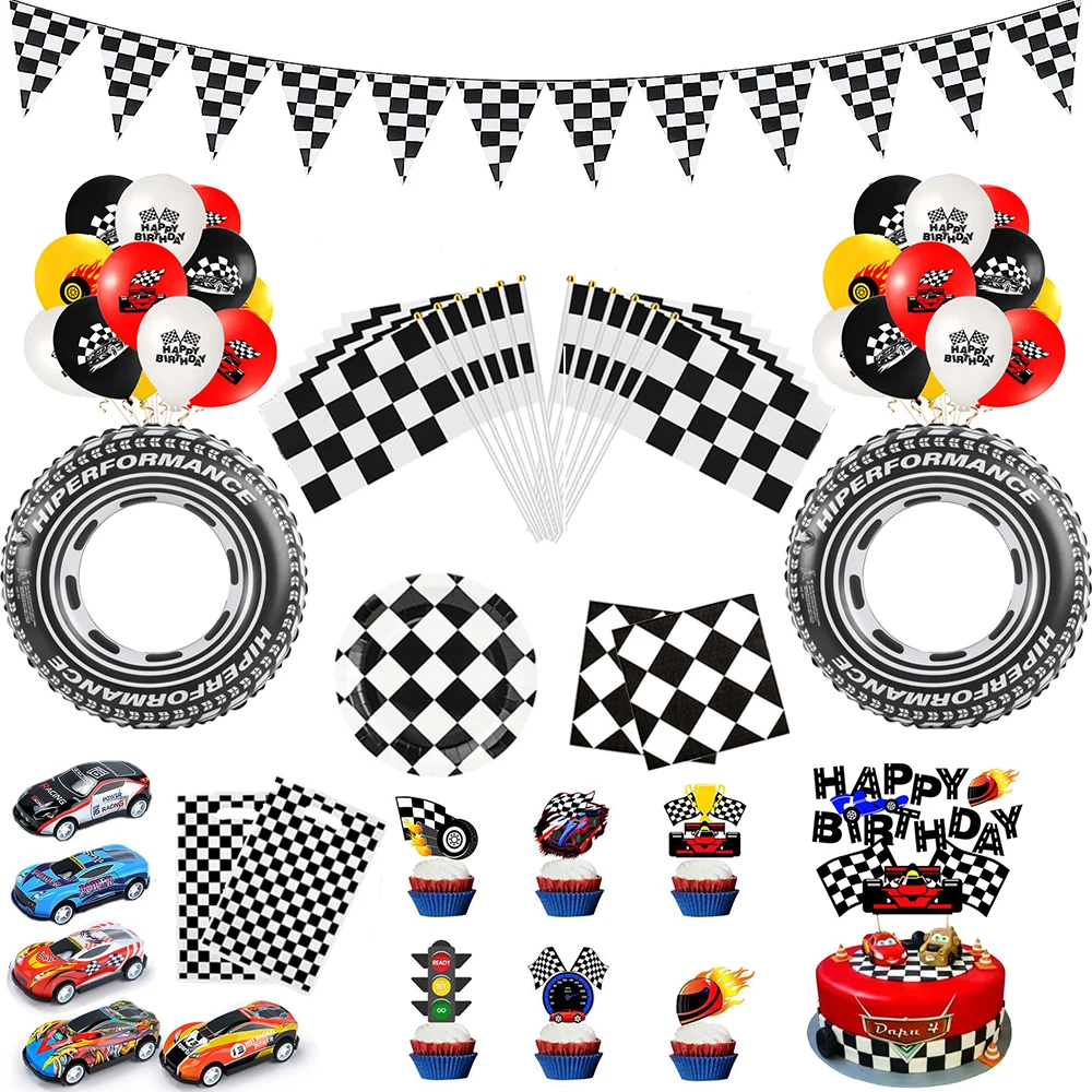 Racing Car Black and White Checkered Tableware Plates Cups Napkins Pennant Foil Balloon Boys F1 Racing Birthday Party Decoration