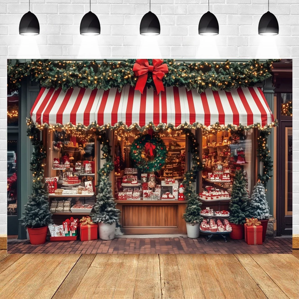 Зимний Рождественский фон для фотосъемки конфетного магазина, детский фон для вечеринки в канун Рождества, декор для вечеринки, рождественская елка, дверной венок, фотофон