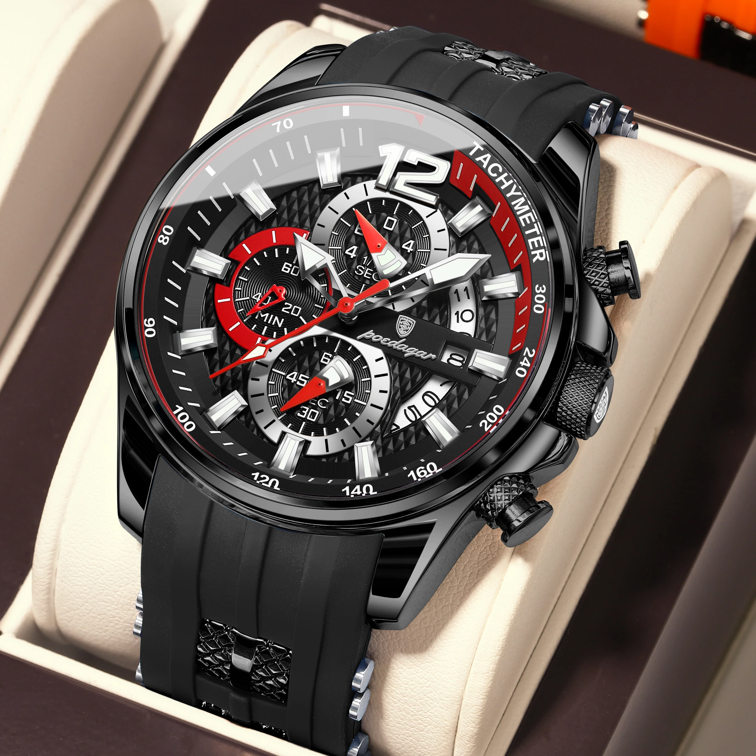 POEDAGAR Original Mode Herrenuhr Datum Chronograph Silikon Sportuhr Leuchtende Wasserdichte Militär-Quarzuhr für Männer