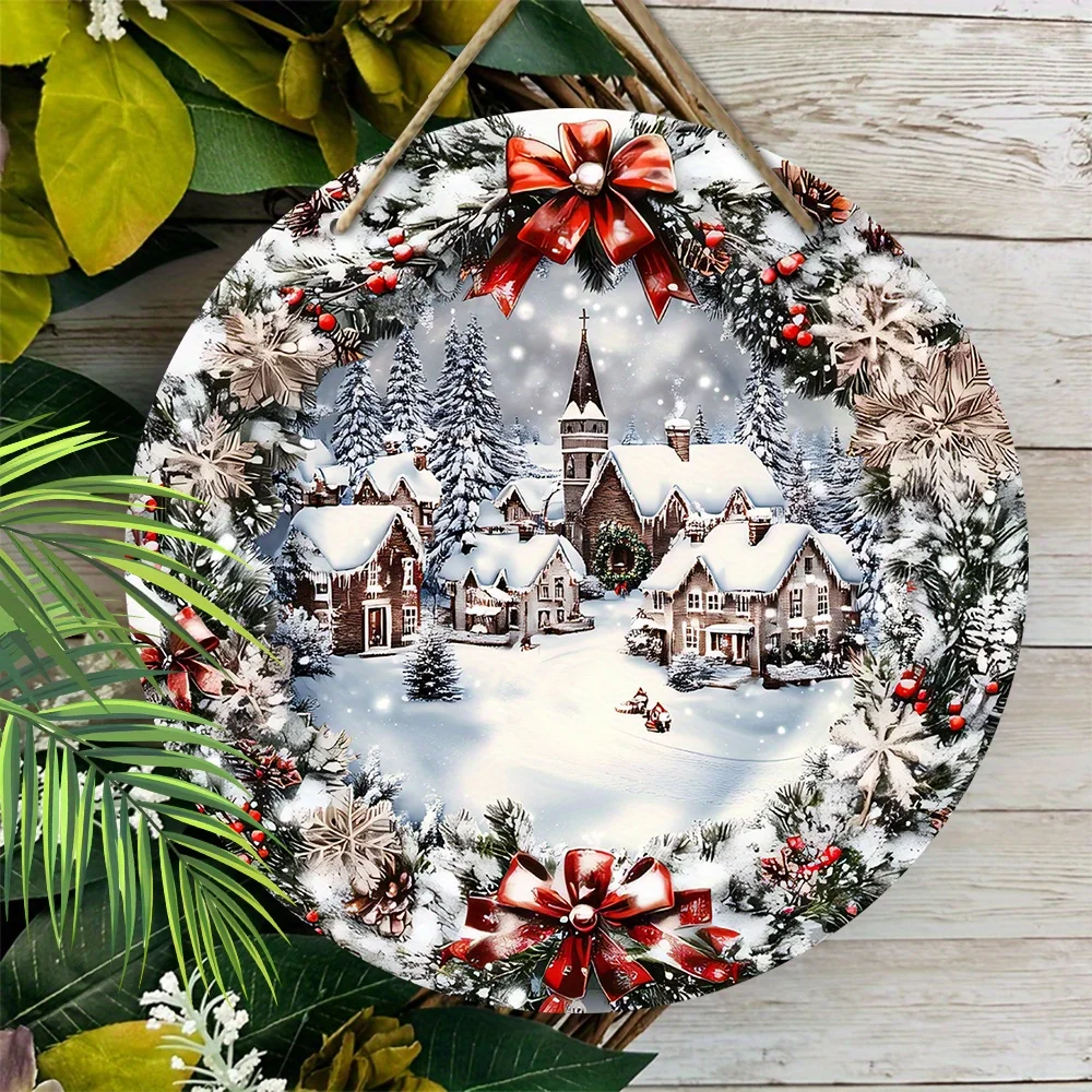 2D شقة، الشتاء عيد الميلاد علامة خشبية تأثير الإغاثة من الجليد وثلج المدينة عيد الميلاد إكليل علامة للباب الأمامي ديكور للتعليق على الحائط