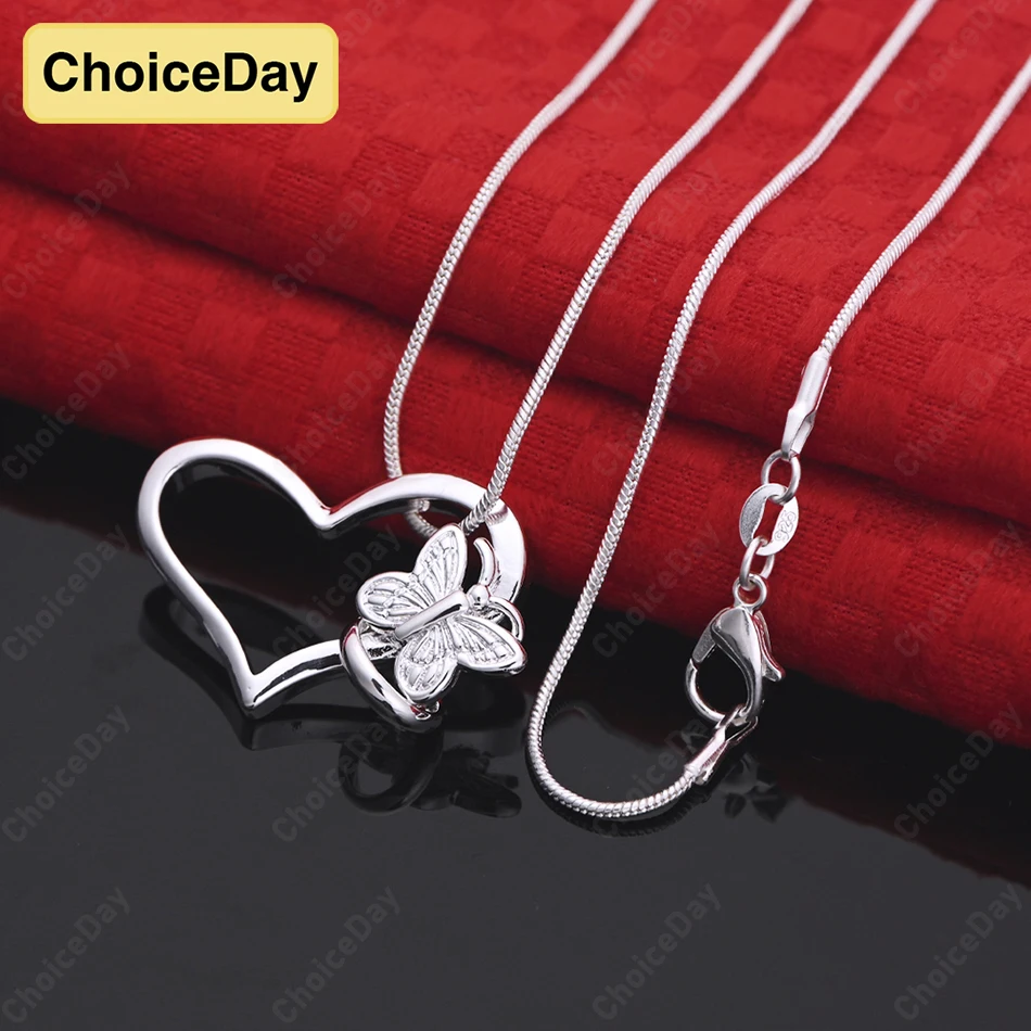 

ChoiceDay Fashion 925 Sterling Silver Exquisite Heart Shape Butterfly Pendant Necklace Women's Gift Accessories Jewelry Party