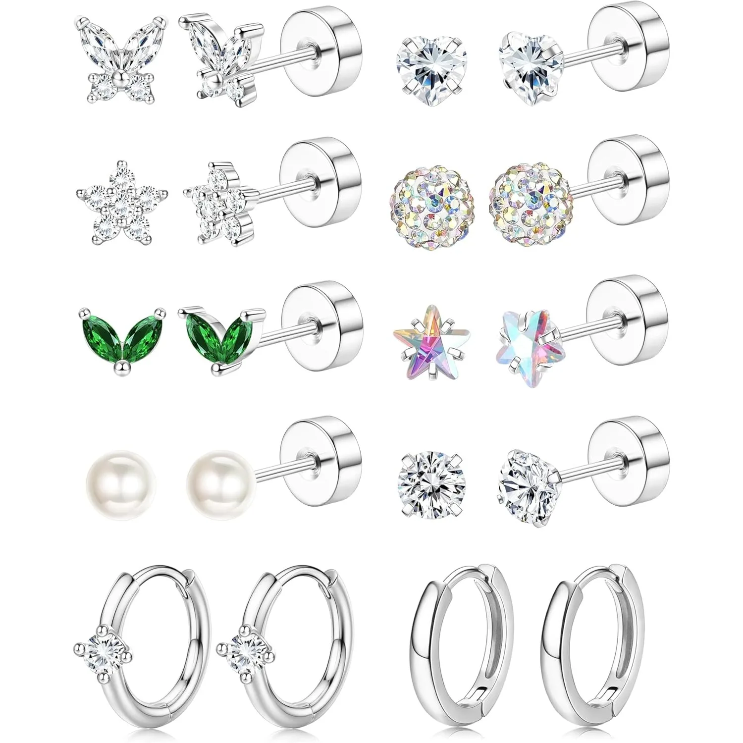 

Bobisty 10 Pairs Hypoallergenic Earrings For Women Stainless Steel Flat Back Cartilage Earring Sets for Multiple Piercing