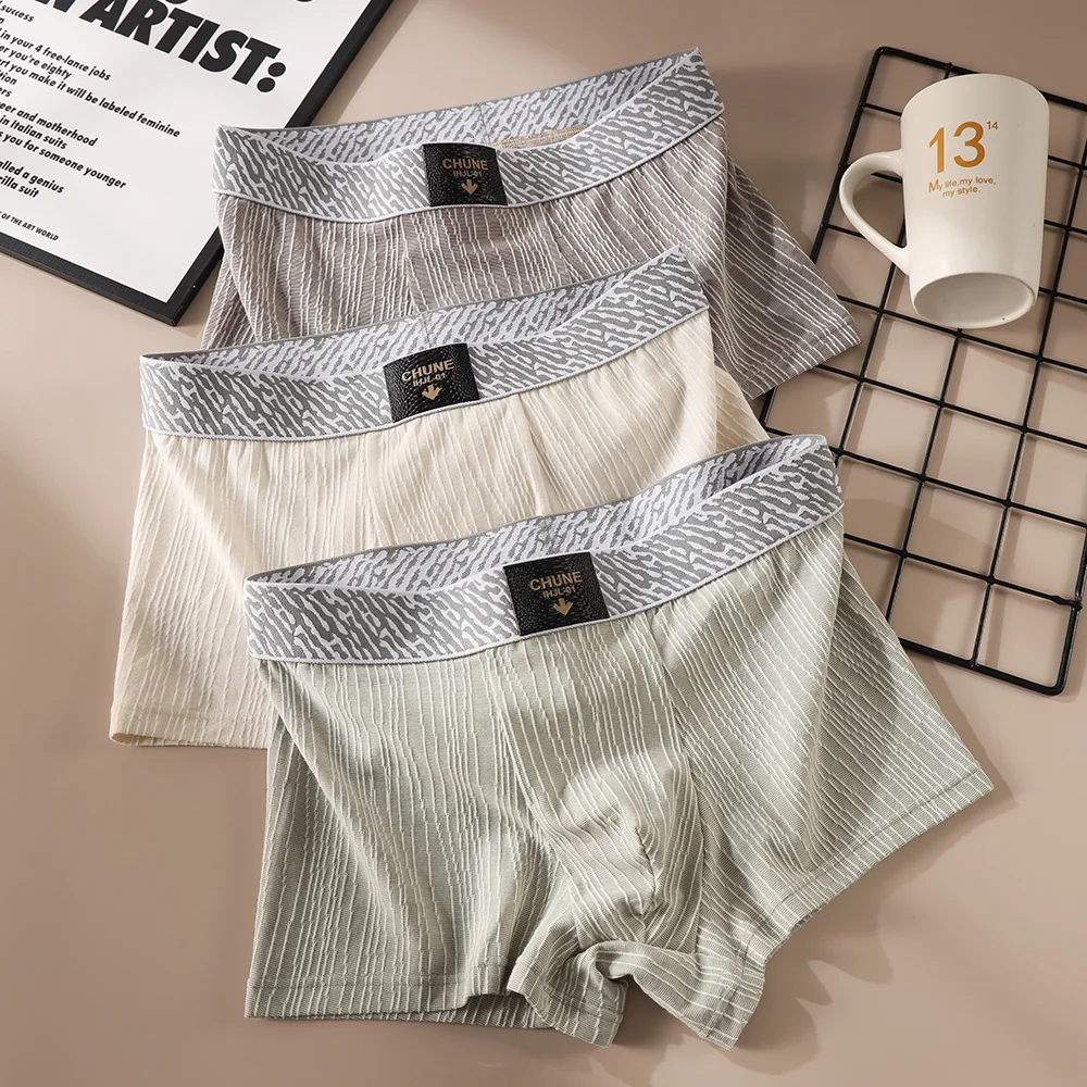 

3PCS/Pack 100% Cotton Knit Striped Men's Panties Breathable Mesh Crotch Boxer Underpants Casual High Elastic Waist Man Undrewear