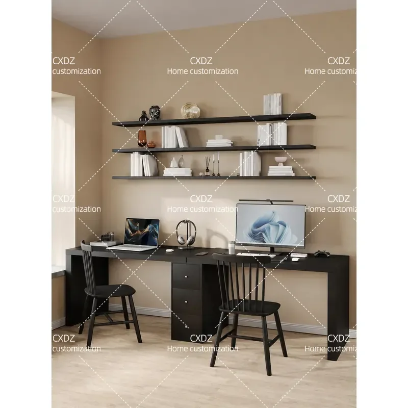 Solid Wood Computer Desk Black Double Workstation with Bookshelf Combo Long Board Gaming Table for Home Office Study