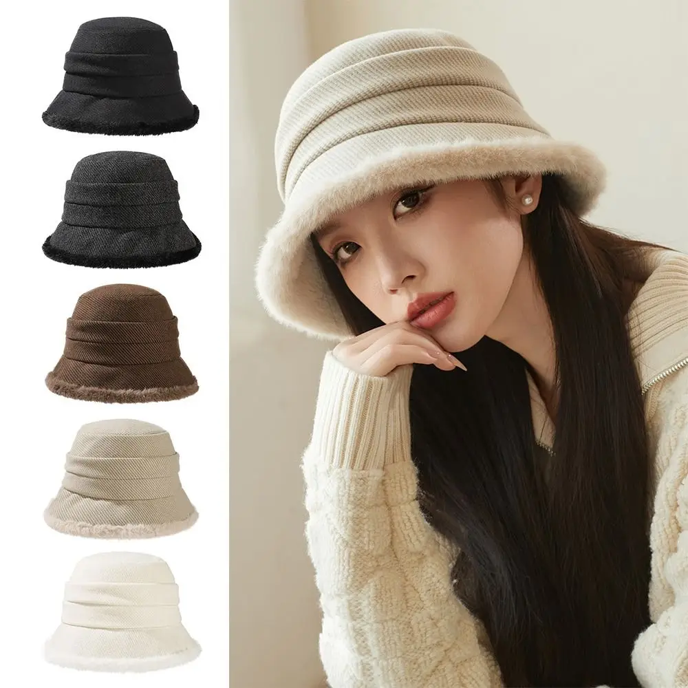 Versatile Fuzzy Winter Bucket Hat Thick Plush Windproof Women's Fisherman HatWarm Ear Protection Warm Basin Cap for Women