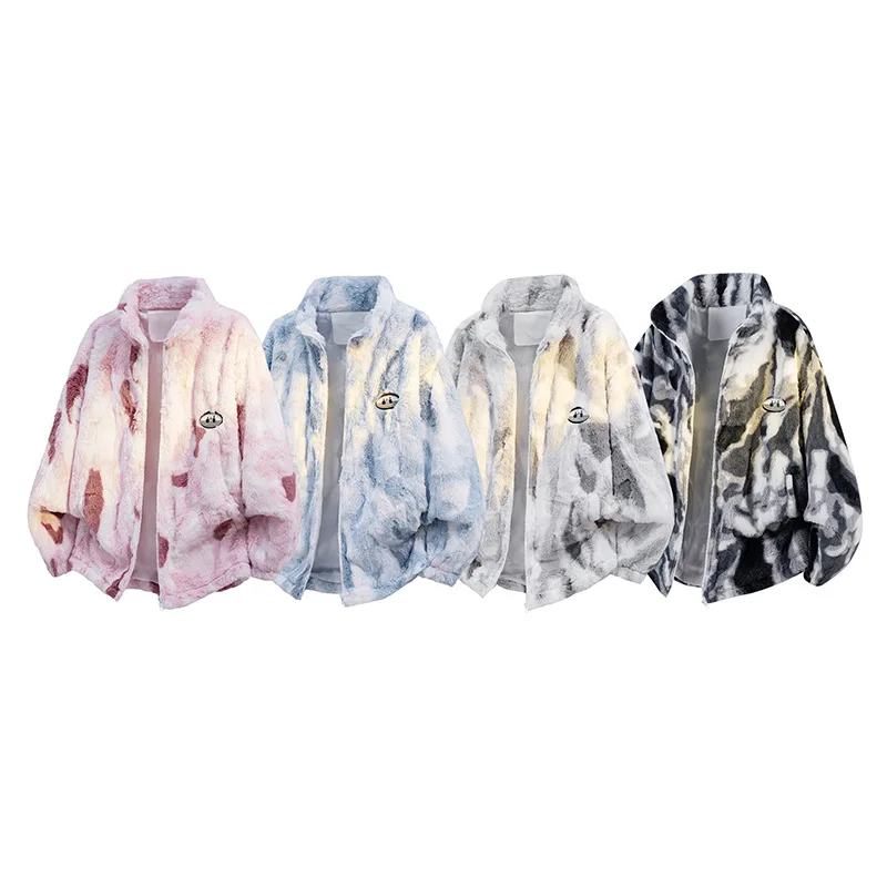 

2025 New Men's Autumn and Winter Tie-Dye Gradient Stand Collar Lamb Fleece Cotton Jacket, Loose Fit, Thickened, Plus Size