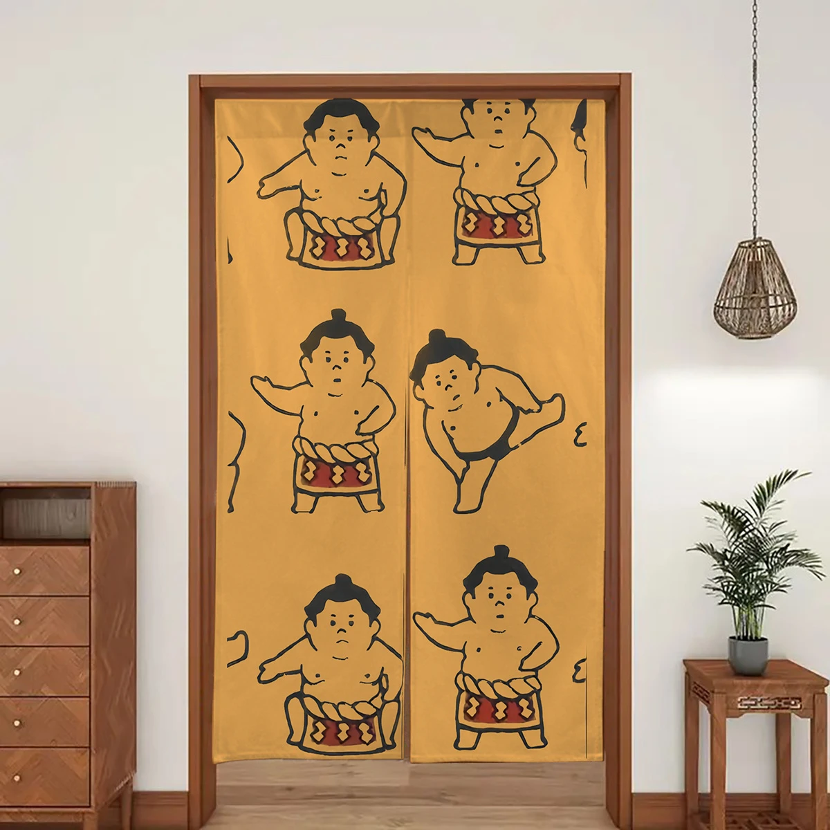Cartoon Sumo Wrestler Half-Length Curtain, Traditional Japanese Sport-Printed Grease-Resistant Room Divider, Kitchen Home Decor