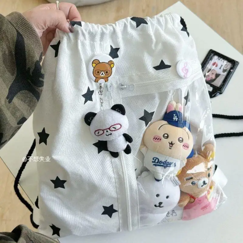 

Korean Star Print Drawstring Canvas Backpacks For Women Girls Large Capacity Transparent Pain-Free Bag Student Bags Backpack