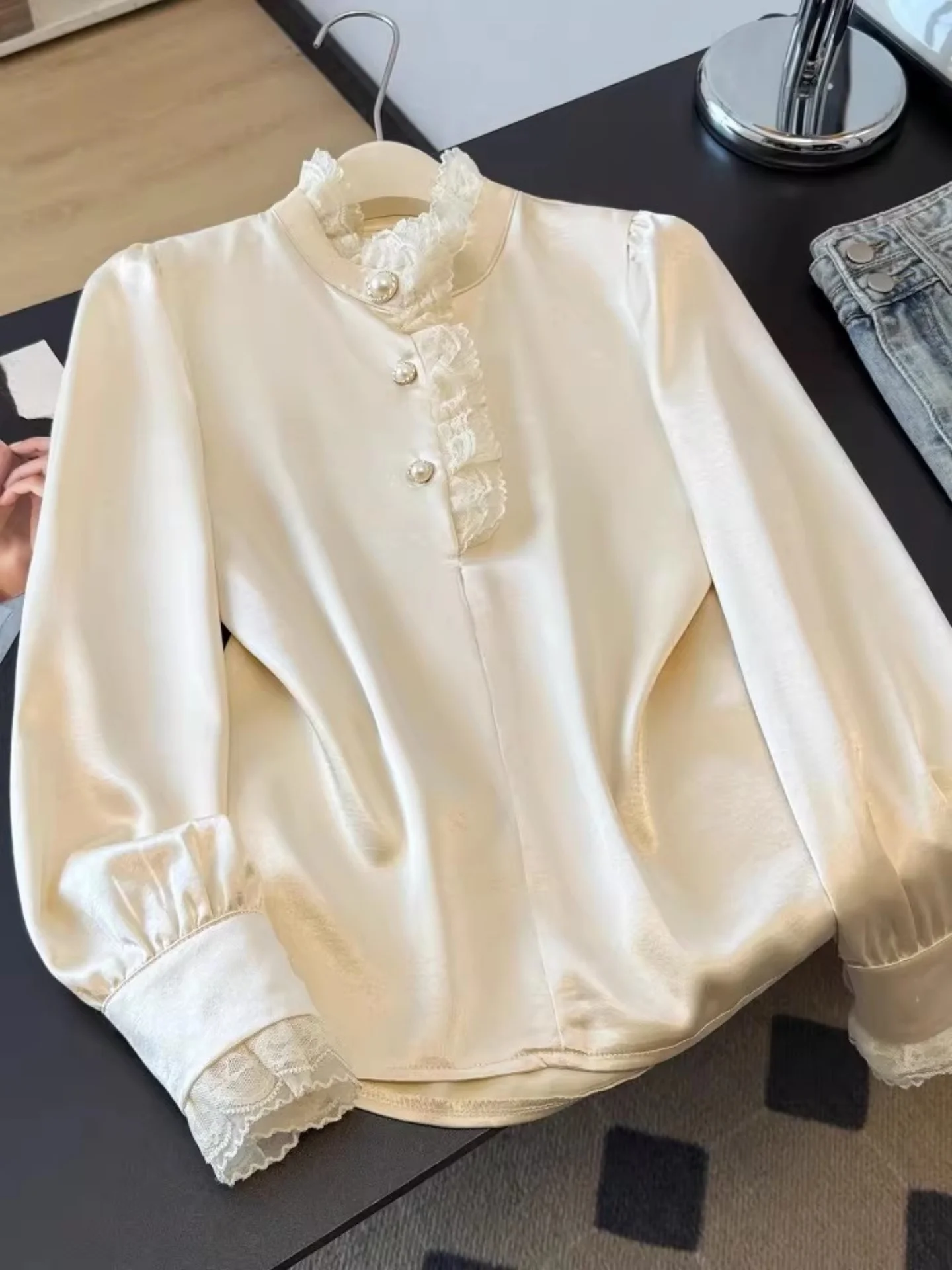 

Lace Trim Long Sve irt Women's plus Size Spring 2026 Korean Sle Loose Fit Acetate Satin Top oulder Width Regular