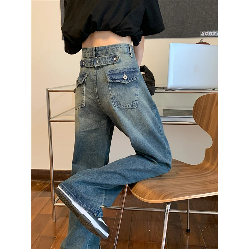 Blue Women\'s Straight Jeans High Waist American Style Streetwear Vintage Pants Chic Design Casual Ladies Denim Wide Leg Trouser