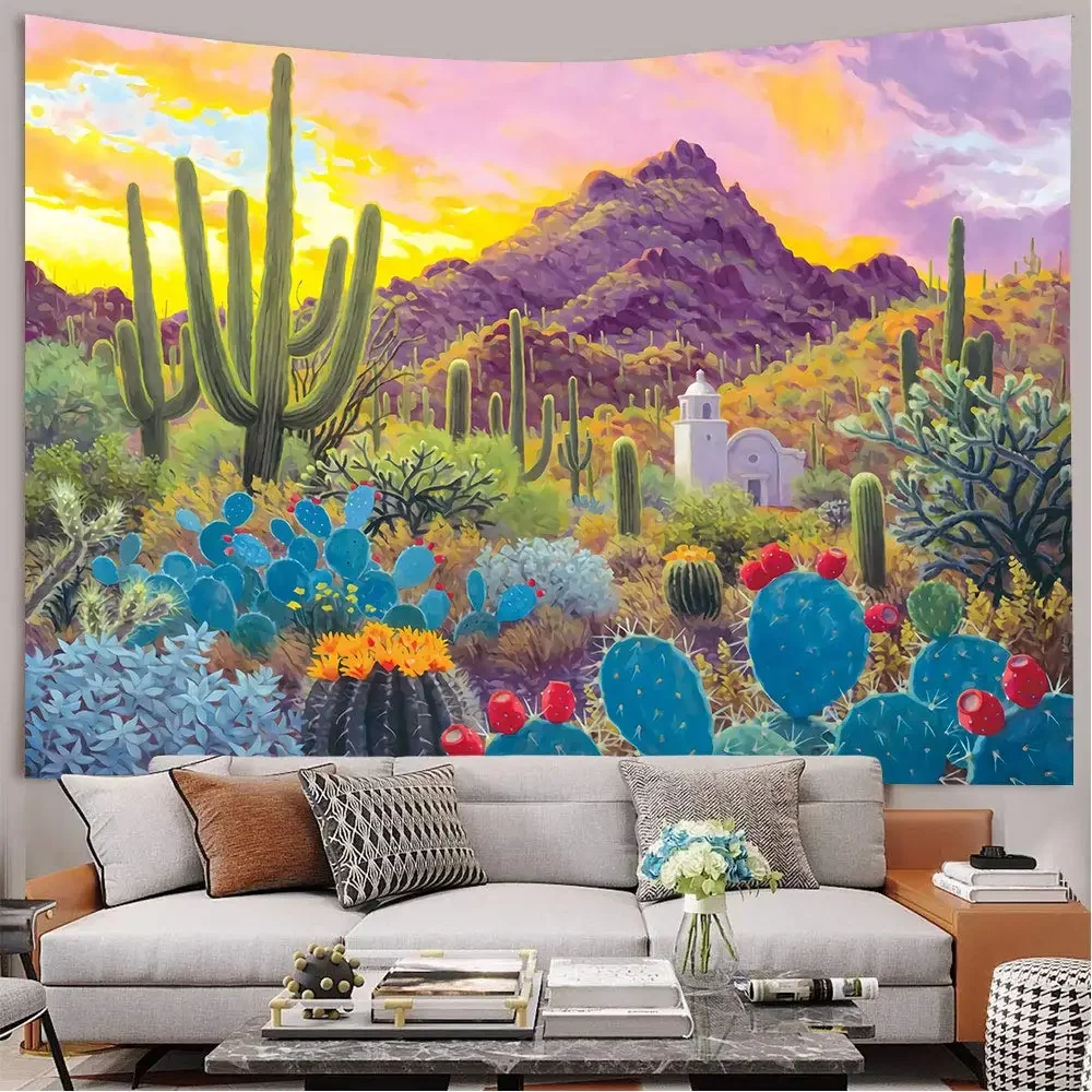 Southwest Desert Vintage Tapestry,Arizona Cactus Sunset Picnic Mat Hippie Trippy Tapestry Wall Art Decor for Bedroom Living Room