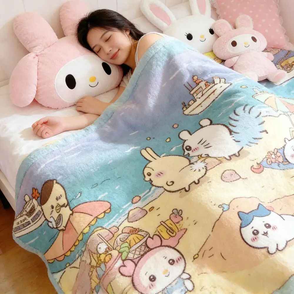 Cartoon Chiikawa Flannel Nap Blanket Cute Usagi Shawl Anime Summer Thicken Air Conditioning Blanket Student Lunch Break Blanket