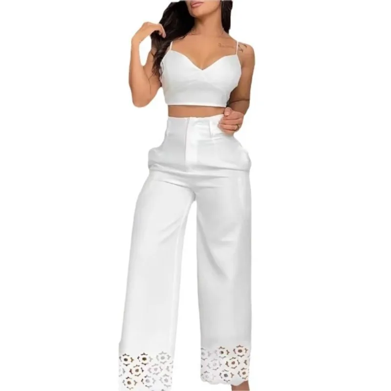 

White Women's Two-piece 2024 Summer Suspender High-waisted Hollow Straight Trousers Suit With Elegant Temperament Robe Femme