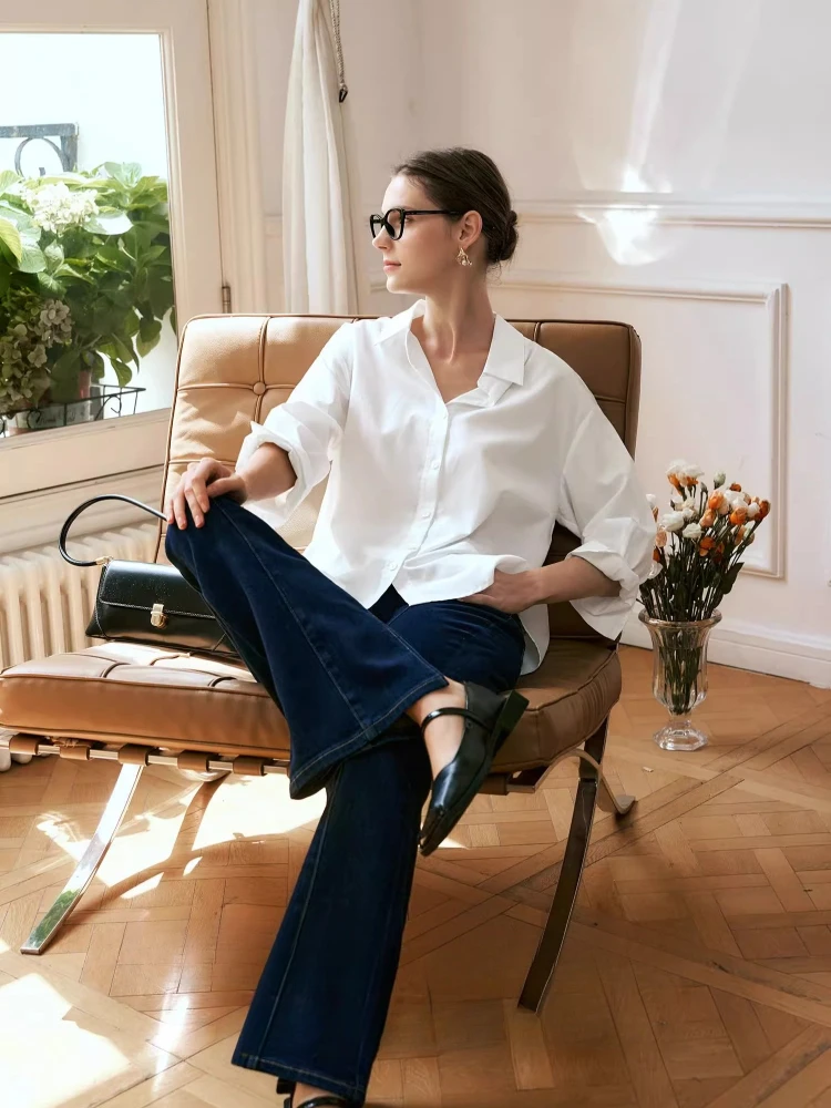 OLrain Women's White Long Sleeve Shirt 2025 Autumn New Arrival Loose-fit Turn-down Collar Dropped Shoulders Shirt O57QC83600