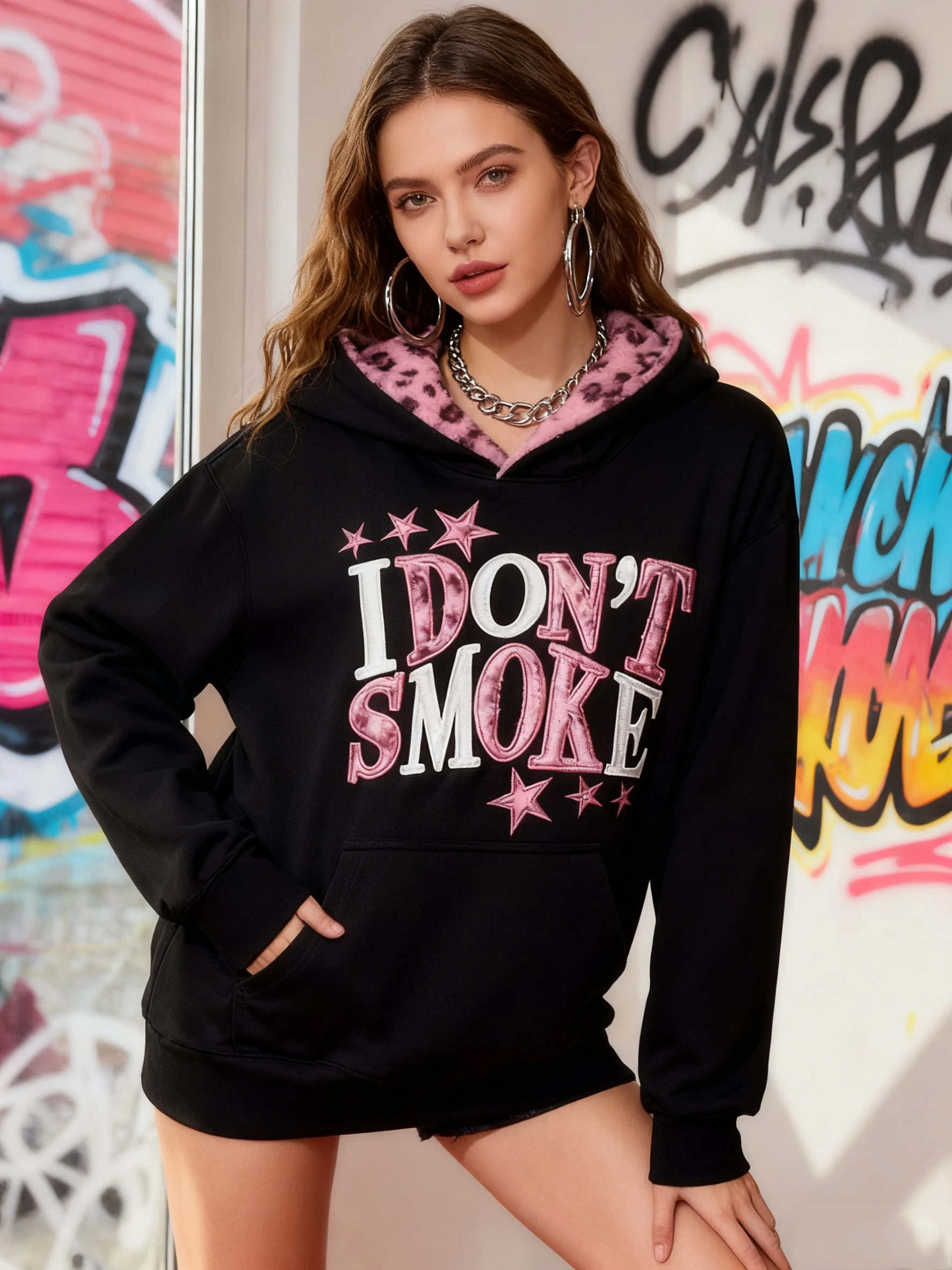 Y2K Harajuku, Sudadera con capucha bordada con diseño de leopardo Retro Para chica, holgada de felpa Sudadera con capucha para mujer de estilo americano Otoño/Invierno