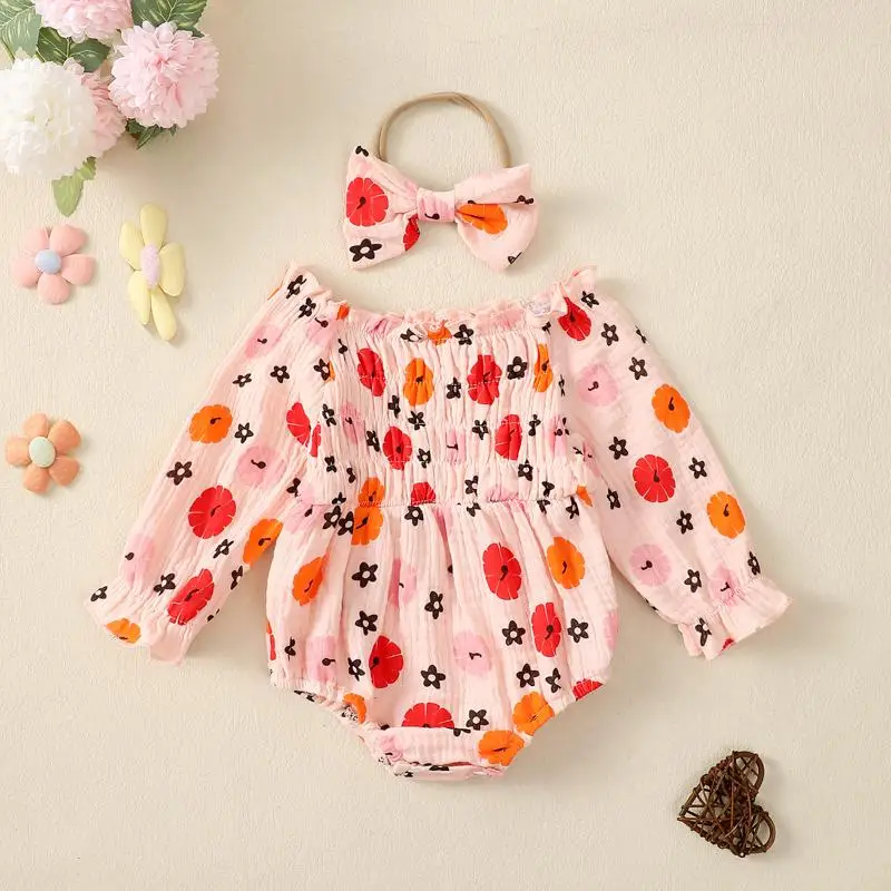 Spring New Newborn Baby Girl Double Sided Wrinkled Multicolored Pumpkin Flowers Bodysuit + Bowknot Headband 2pcs Girls Clothes