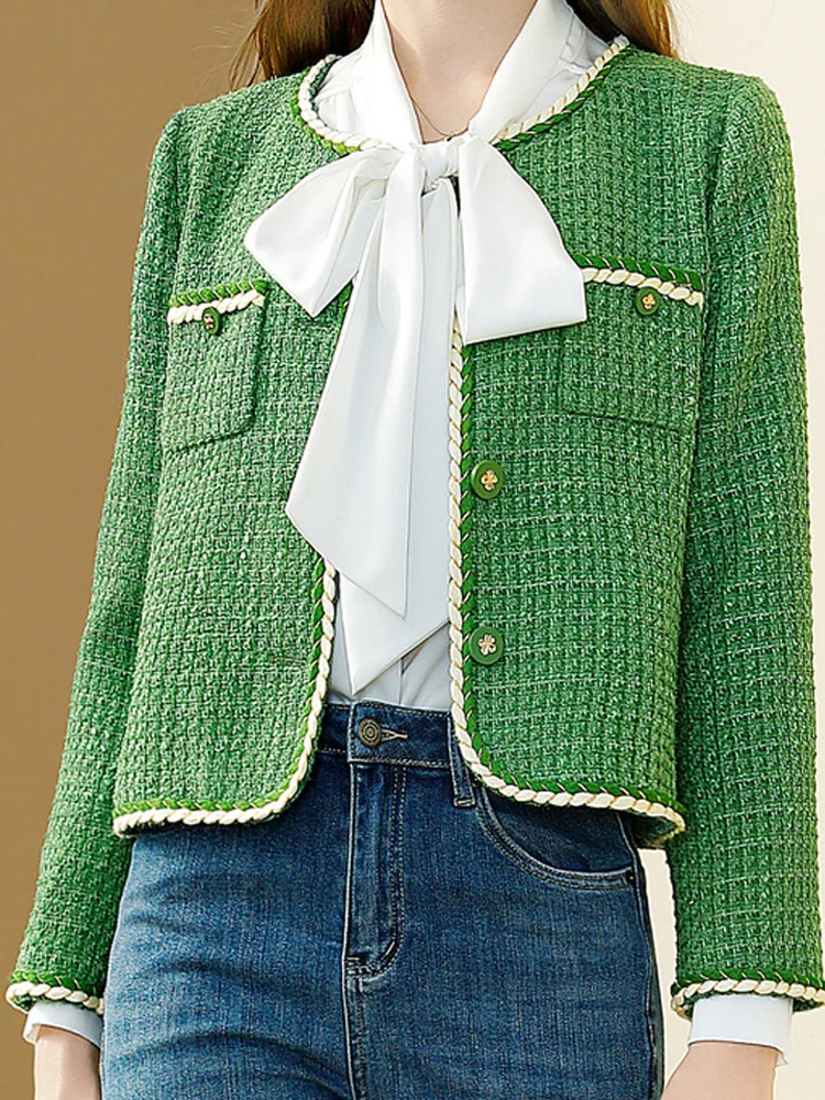 

Женское элегантное короткое пальто EVNISI с длинными рукавами и карманами на осень и зиму, твидовый зеленый кардиган, Офисная куртка, женская Свободная верхняя одежда