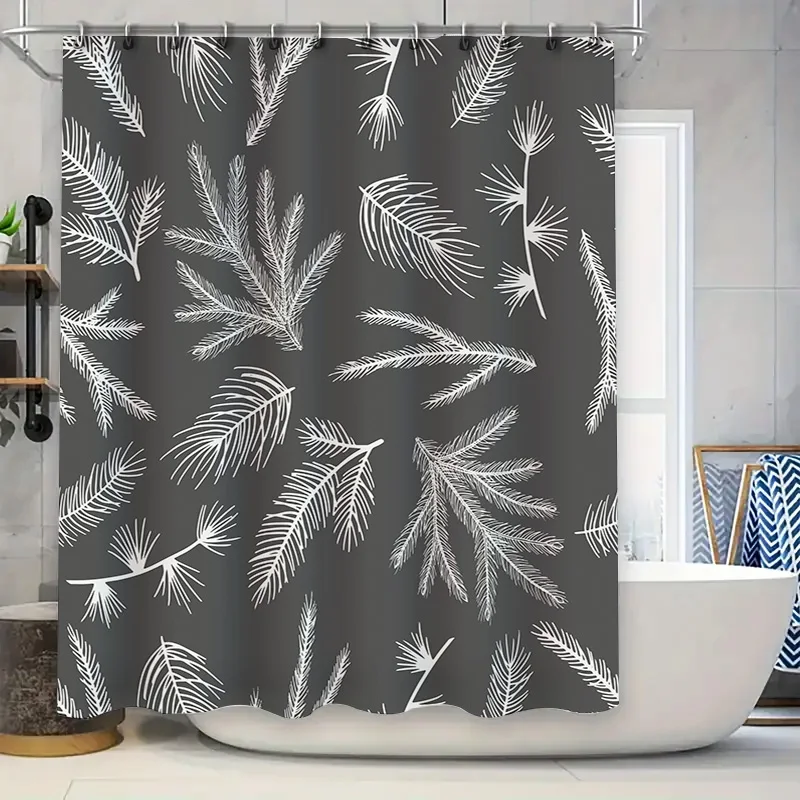 

Grey White Pine Feather Shower Curtain Waterproof Bathroom Decor Modern Home Decoration Customizable Size Available for Purchase